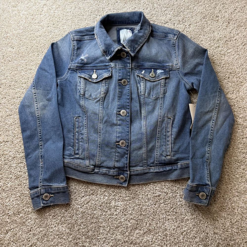 SO Jacket Juniors Small Blue Denim Jean Essential Button Front Stretch Pockets